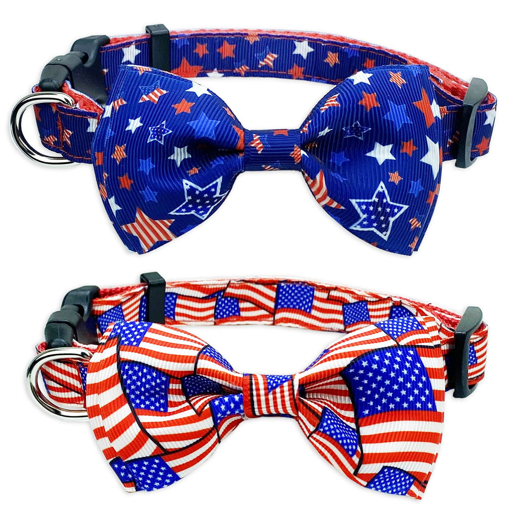 4th of July Holiday Dog Collar with Bow Tie, USA Independence Day Patriotic Collar for Small Medium Large Dogs Pets Puppies (Small) Small-(11"-17") Neck * 5/8" Wide - PawsPlanet Australia