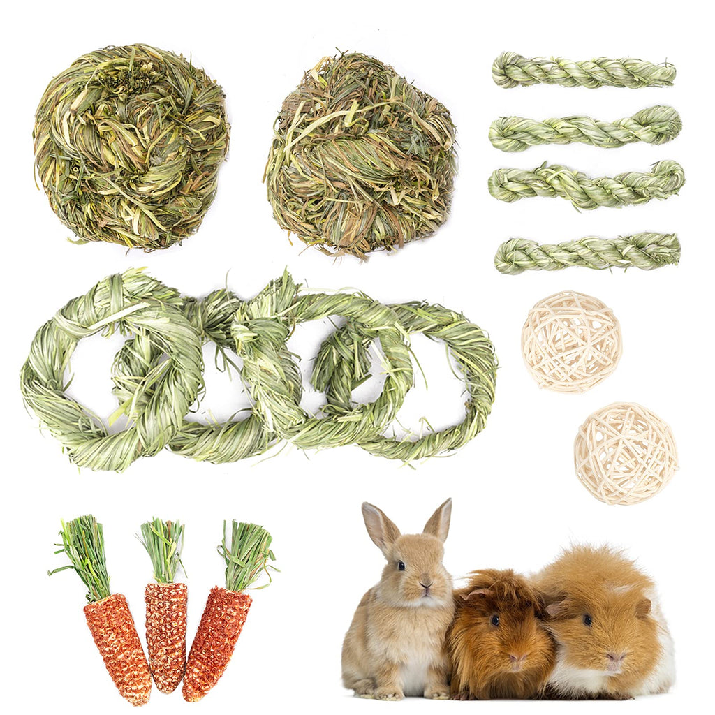 X-pet 15pcs Rabbit Chew Toys Include Carrot Toy- 100% Nature Timothy Hay Ball Sticks Toys for Teeth Care-No Glue-Hamsters, Chinchillas, Guinea Pigs, Gerbils, Rat Treats Ball - PawsPlanet Australia