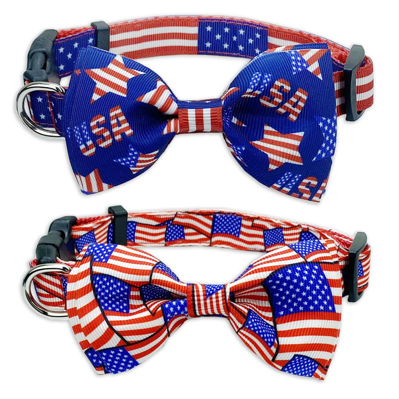 2 Pack 4th of July Dog Collar with Bow Tie, USA Independence Day / Patriotic Collar for Small Medium Large Dogs Pets Puppies (Small) Small-(11"-17") Neck * 5/8" Wide - PawsPlanet Australia