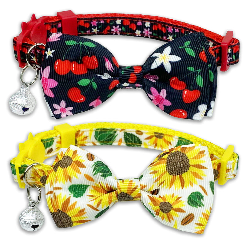 Pohshido 2 Pack Summer Cat Bowtie Collar with Bell, Holiday Safety Breakaway Buckle Kitty Kitten Collars, Assorted Pattern Availables (Adjustable Size from 7.8-12.8 inch) Blossom cherry/Sunflower - PawsPlanet Australia