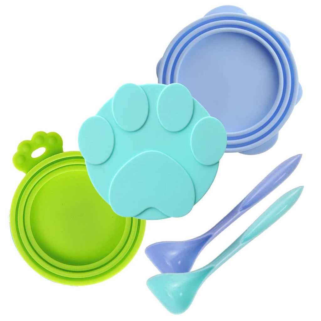 DLDER 3 Pieces Can Lids Pet Food Can Cover Set with 2 Spoons, Universal Silicone Cat Food Can Lid,1 Fit 3 Standard Size Cat Food Lids for Dog Food, Dishwasher Safe(Blue, Cyan-Blue, and Green) - PawsPlanet Australia