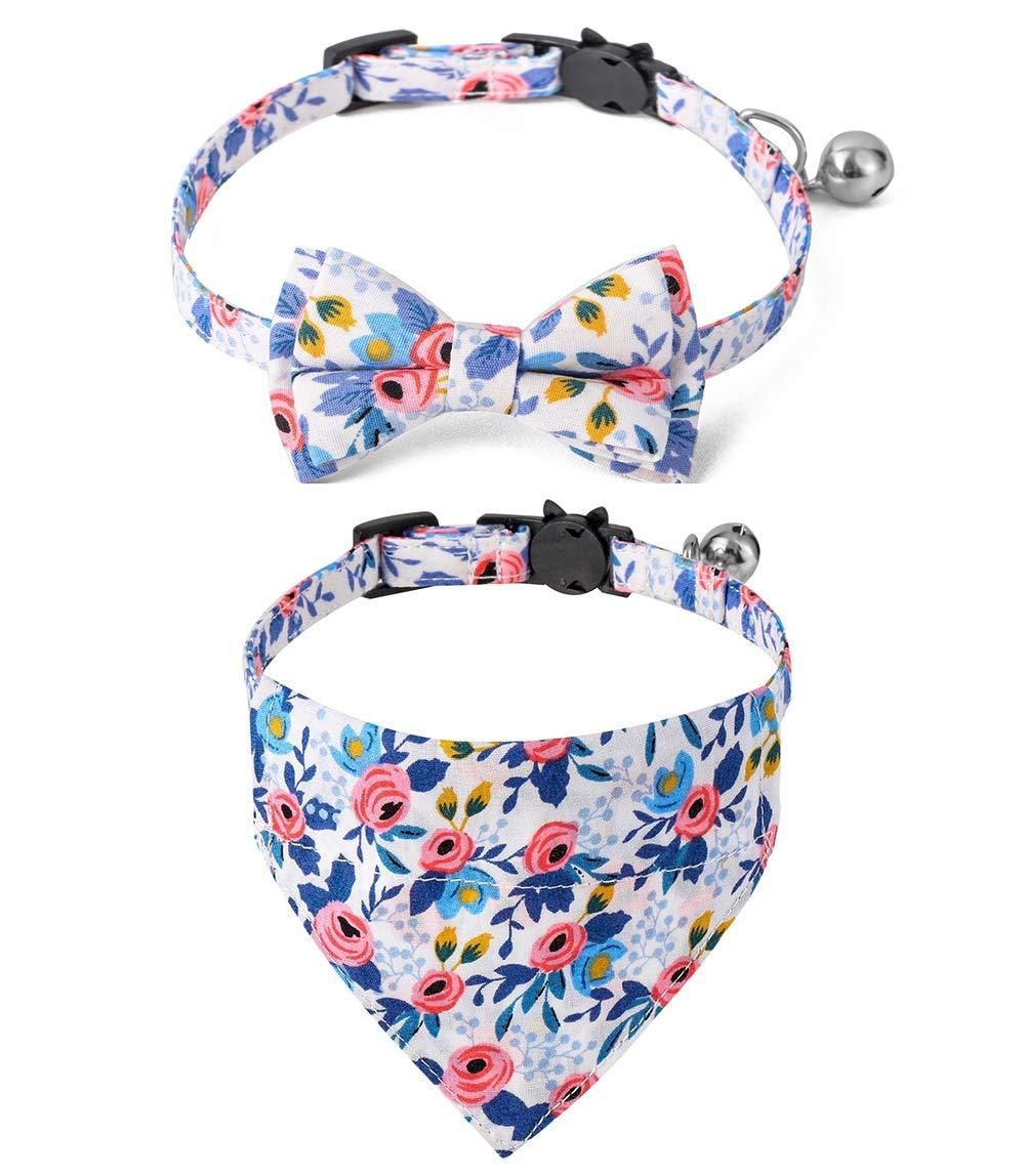 YENGON Breakaway Cat Collar with Bow Tie Bandana, Kitten Collar with Removable Bowtie Bandana Cute Flower Pattern Cat Bowtie Bandana Collar for Cat Puppy Blue - PawsPlanet Australia