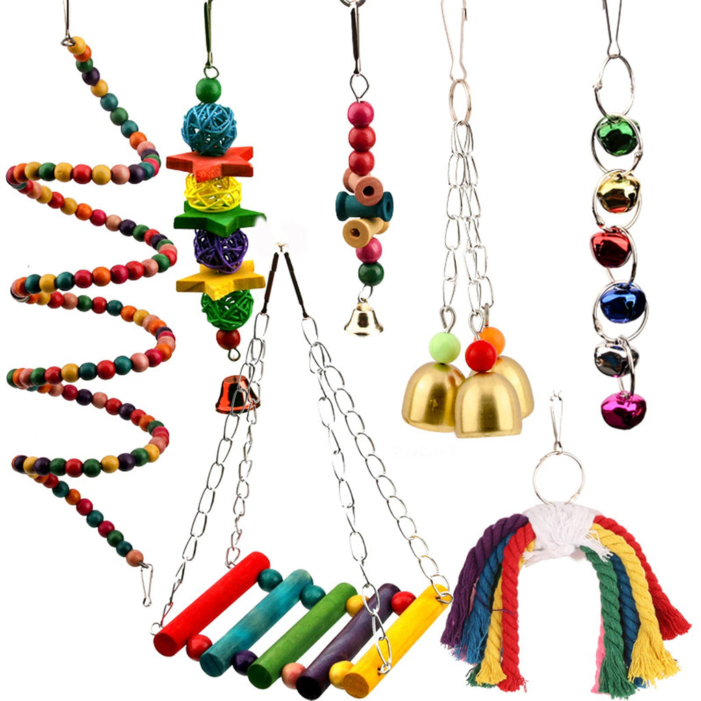 SEASY 7 Pcs Bird Swing Chewing Toys-Hanging Bell Pet Bird Cage Hammock Swing Toy Hanging Toy for Small Parakeets Cockatiels, Conures, Macaws, Parrots, Love Birds, Finches 7pcs - PawsPlanet Australia