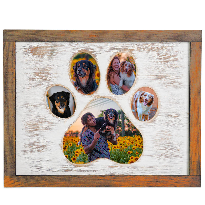 Dog Picture Frame With Paw Print Shape - Wooden Dog Photo Frame Gift For Pet Owners Or Memorial Keepsake For Dogs That Passed - Holds Multiple Pictures Of Your Favorite Friend (8x10, brown) 8x10 - PawsPlanet Australia