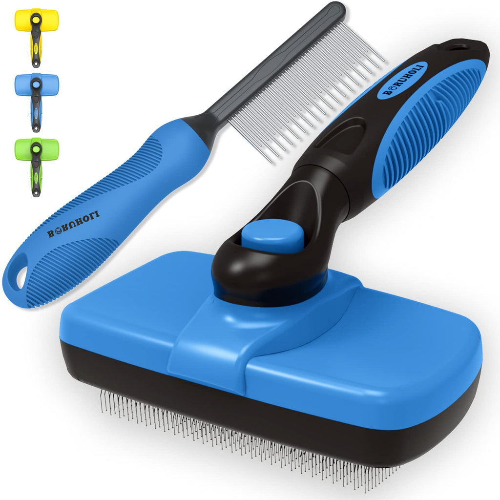 BORUHOLI Self-Cleaning Slicker Dog/Cat Brush and Comb Kit, Dog Brush for Shedding and Grooming Long/Short Hair, Dog/Cat Comb and Brush for Large and Small Dogs, Cats, Rabbits, Pet (blue) Blue - PawsPlanet Australia