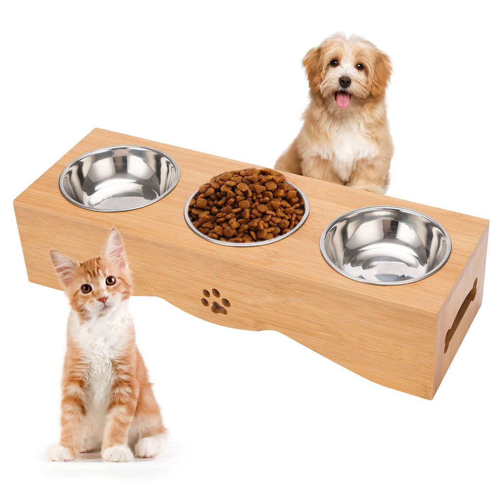 JAZUIHA Multiple Cat Elevated Bowls Stainless Dog Bowl with Bamboo Stand Pet Food and Water Feeder with 3 Bowls No Spill Perfect for Cats and Small Dogs - PawsPlanet Australia