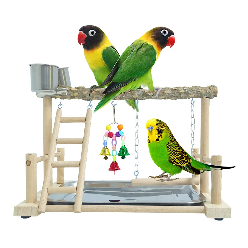 PINVNBY Bird Playground Parrot Playstand Bird Play Stand Wood Perch Gym Stand Swing Ladder with Feeder Cups Exercise Play Include Tray for Parrot Parakeet Conure Cockatiel Budgie Cage Accessories - PawsPlanet Australia