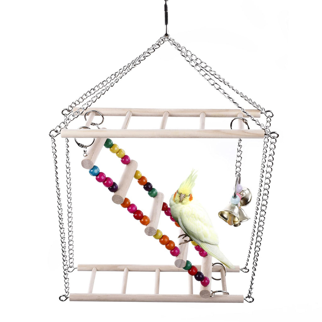 SAWMONG Bird Ladder, Bird Climbing Toys for Parrots, Wooden Bird Perch Bird Exercise Gym with Ladder and Bells for Parakeets Lovebirds Cockatiels and Small Birds S - PawsPlanet Australia
