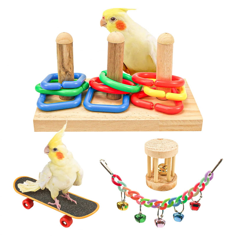 4 Pcs Bird Trick Tabletop Toys, Wooden Bird Educational Toy Parakeet Intelligence Training Toy Stacking Colorful Rings Bird Skateboard Toy Foraging Toys for Parrots Lovebird Cockatiel Foot Toys H01 - PawsPlanet Australia