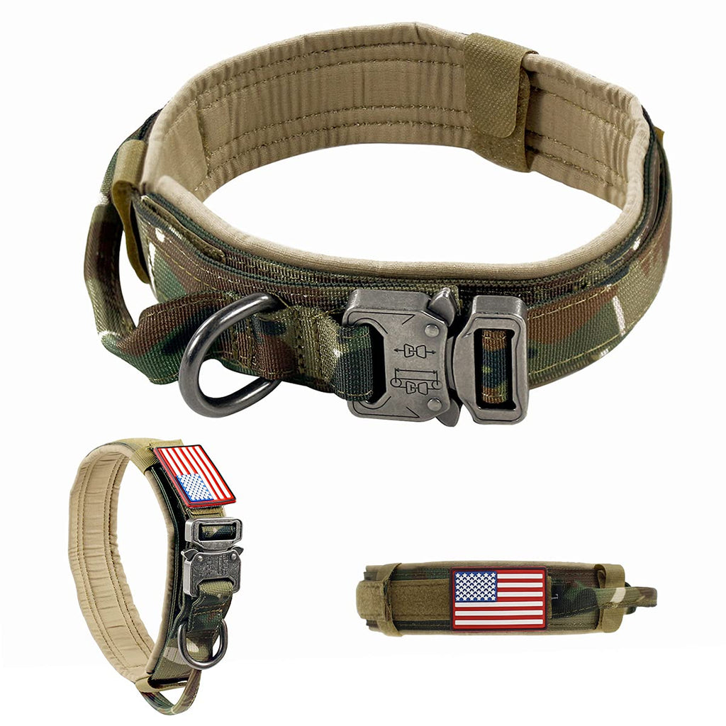 VOLJEE Adjustable Tactical Dog Collar, K9 Military Dog Collar with USA Flag Patch Heavy Duty Buckle Metal D-Ring Handle 1.5" Wide for Medium and Large Dogs (Camo, M) Camo - PawsPlanet Australia