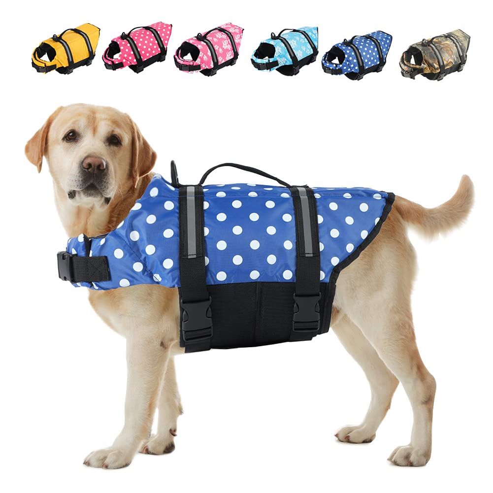 EMUST Dog Life Jackets, Reflective & Adjustable Preserver Vest with Enhanced Buoyancy & Rescue Handle for Swimming (XXS, BlueDot) XX-Small - PawsPlanet Australia