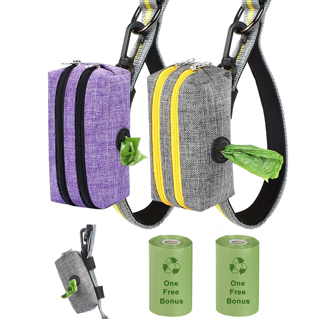 Hanjo Pets Dog Poop Bag Holder Fabric - Poop Bag Dispenser for Leash - Dog Waste Bag Dispenser Velcro Wall Mount, 2 Zippers Dog Leash Bag Holder, Poopy Pouch Pet Waste Bag Holder,2 packs, 2 Free Rolls Gray+Purple 2 poop bag holders - PawsPlanet Australia
