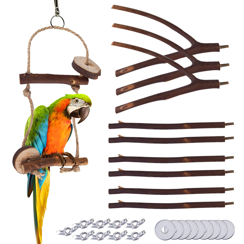 Bird Parrot Perch Stand Set - 10 Pcs Natural Wood Fork Perch Rod Stand and 2 Pcs Vine Ball for Parrot Cage Accessories - PawsPlanet Australia