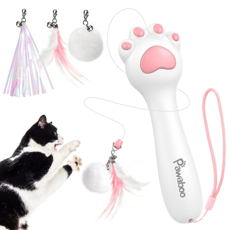 Pawaboo Cat Feather Teaser Toy, Retractable Cat Wand Toys Interactive Teaser Cat Toys for Indoor Cats Kitten Interactive Training, Fun Cat Playing Toy with 3 Replacement Accessories WhitePink - PawsPlanet Australia