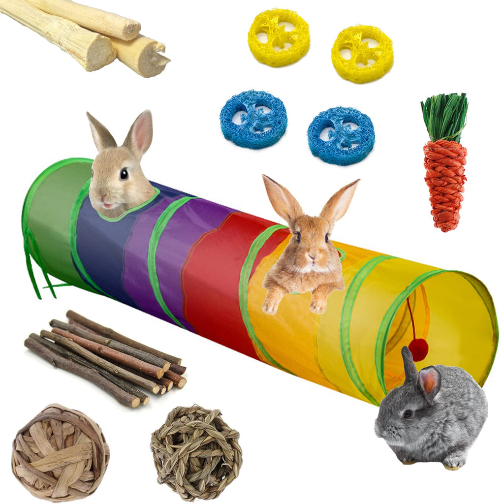 Rabbit Toys, Large Bunny Hideout Tunnel and Tube with Chew Toys for Grinding Teeth Apple Sticks Bamboo Carrot Loofah and Grass Ball for Rabbit Guinea Pig Chinchilla Ferret Rat - PawsPlanet Australia