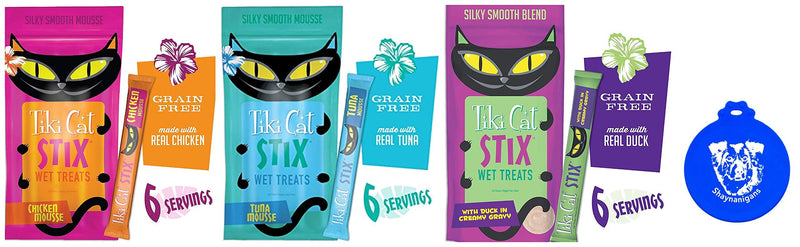 Tiki Cat Stix Wet Mousse Single-Serve Treats in 3 Flavors: (1) Duck, (1) Tuna and (1) Chicken (3 Packs Total, 6 Stix per Pack, 18 Stix Total) Plus Silicone Lid - PawsPlanet Australia