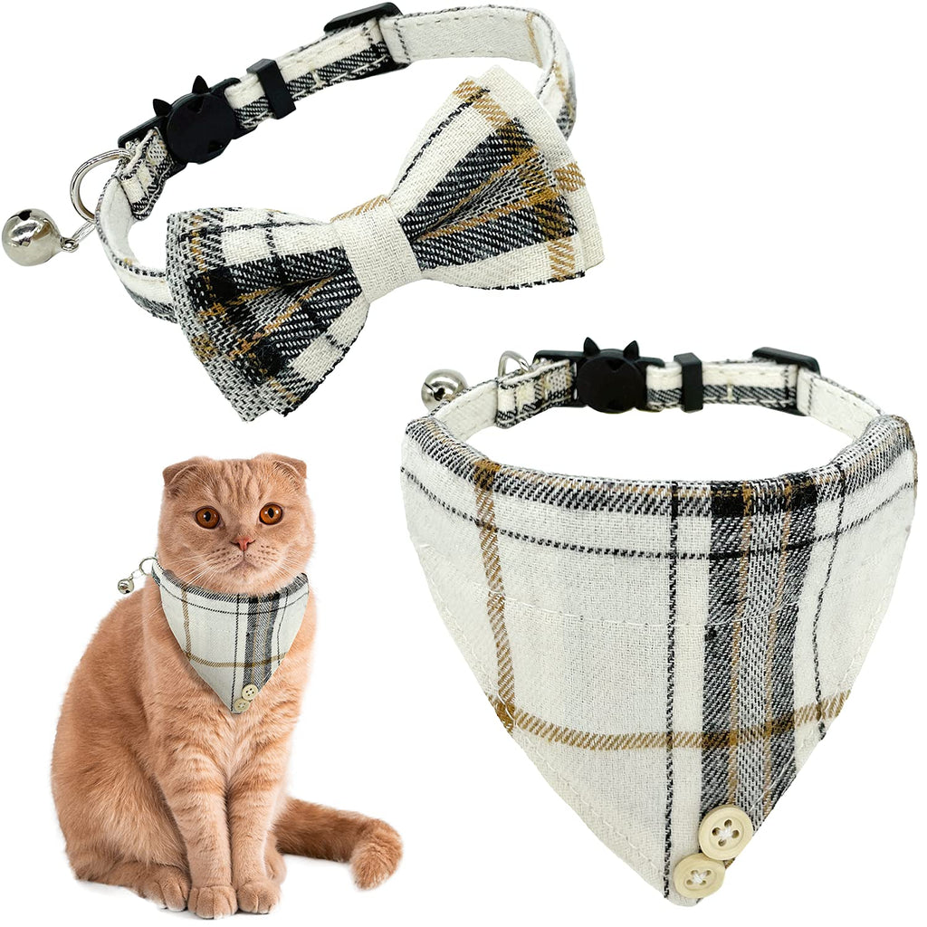 KUDES 2 Pack Breakaway Cat Collar with Removable Bow Tie and Bandana, Kitten Plaid Bowtie Collar Bandana Collar with Bells for Cats Puppy, Adjustable from 7.5-10.8 Inch (Beige) Beige - PawsPlanet Australia