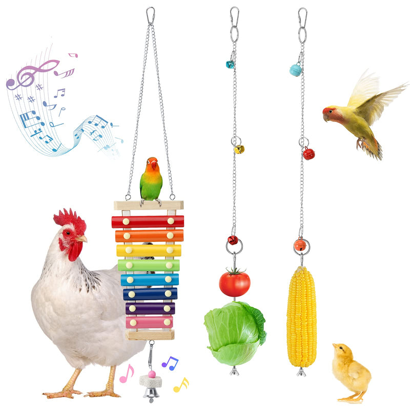 Lewondr 3PCS Chicken Xylophone Toy with 8 Metal Keys, Suspensible Chicken Toys with Veggies Skewer Fruit Holder for Birds Chicken Coop Pecking Toy Stainless Steel Vegetable Hanging Feeder Foraging Toy - PawsPlanet Australia