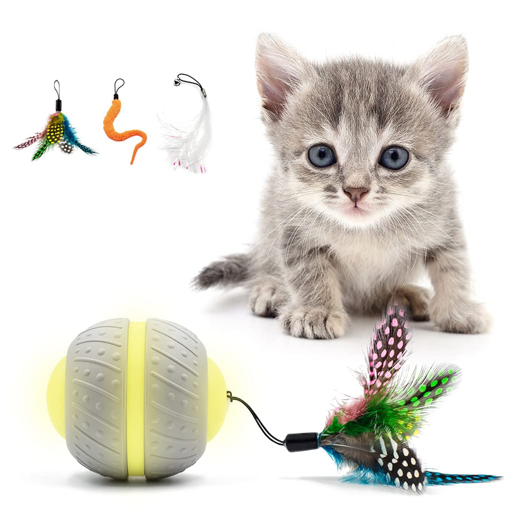 CooWay Interactive Robotic Cat Toys Ball for Indoor Cats 360 Degree Automatic Steering USB Rechargeable Multiple LED Lights Rubber Shell Low Noise with Feather/Bells Exercise Cat Toys for Cats Ball with Feather - PawsPlanet Australia