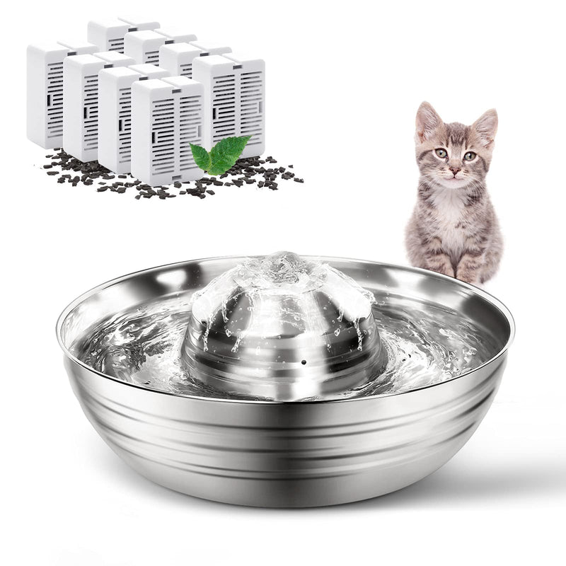 Stainless Steel Cat Water Fountain, 360° Dog Water Fountain, Cat Drinking Fountain Ultra Quiet with 8 Replacement Filters, 67oz/2L Pet Fountain for Cats Inside - PawsPlanet Australia