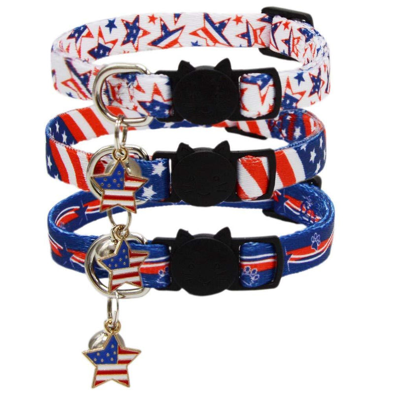 3 Pack American Flag Cat Collar with Bell and Pendant Breakaway Adjustable USA Kitten Collars for 4th of July Independence Day - PawsPlanet Australia