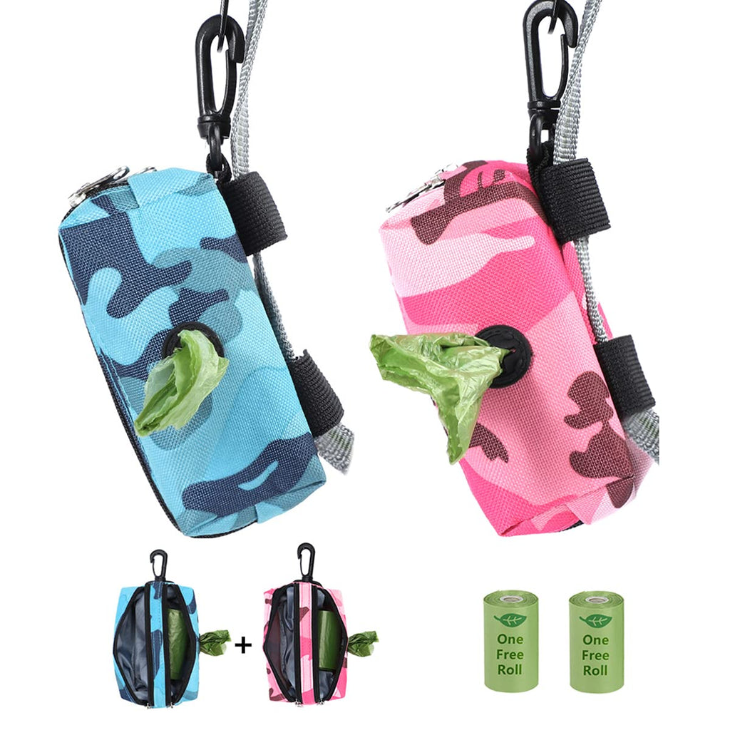 Poop Bag Holder for Leash - Dog Poop Bag Dispenser - Dog Waste Bag Holder Protable,2 Auto Lock Zipper,Large Capacity with 1 Free Roll,Carabiner Clip,Waterproof 900D Durable Fabric,Pack of 2 Camo(Blue+Pink) - PawsPlanet Australia