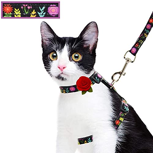 Cat Harness and Leash Set for Walking Escape Proof Adjustable Kitten Harness with Removable Flower H-Style Floral Pattern for Spring Summer Black - PawsPlanet Australia