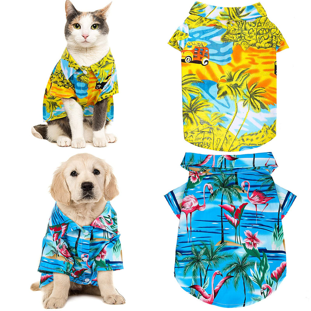 2 Pieces Hawaiian Dog Shirts Pet Summer T-Shirts Coconut Tree Flamingo Print Dog Clothes Pet Camp Shirts Dog Beach Apparels for Small to Medium Dogs and Cats (M Size) M Size - PawsPlanet Australia