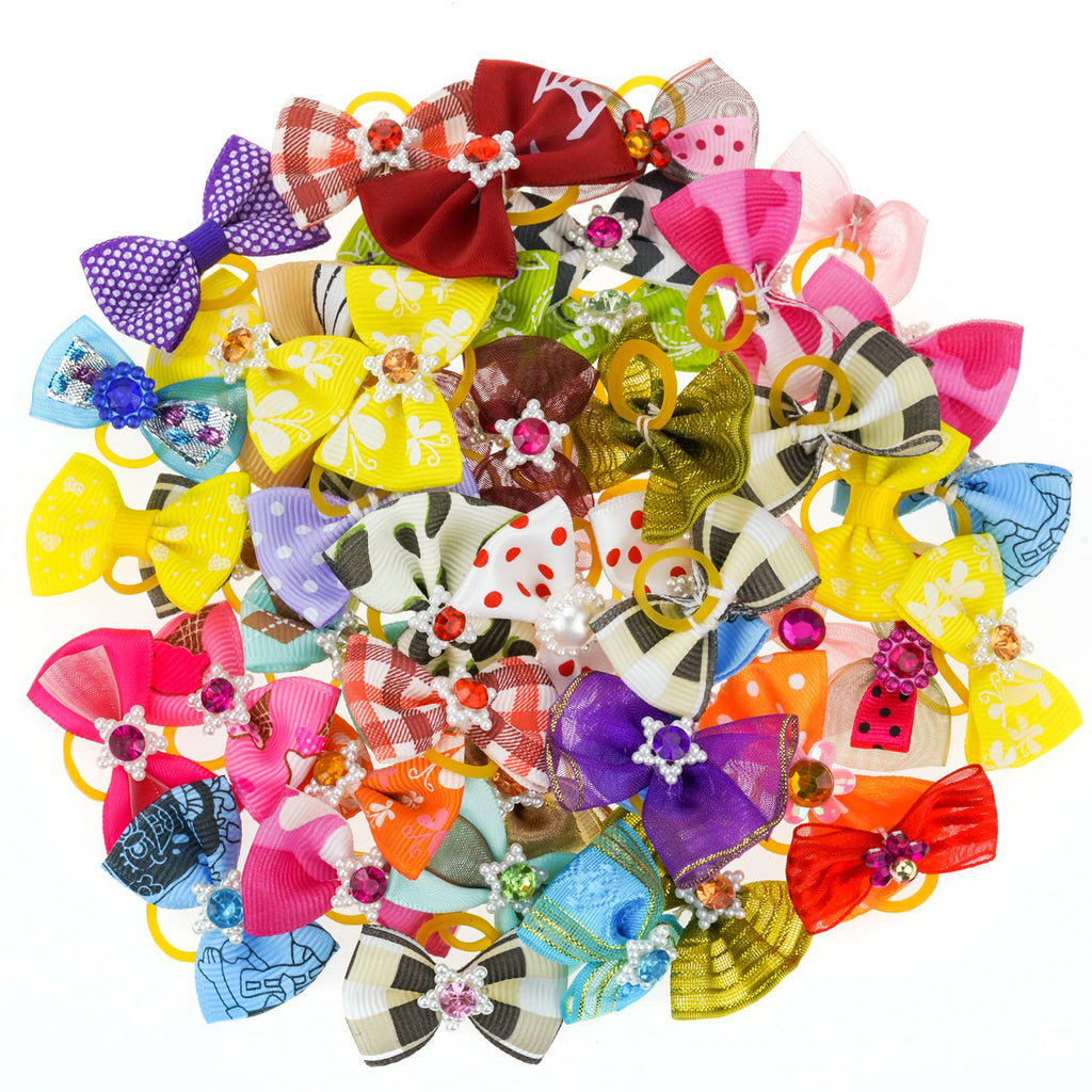 Tongcloud 50pcs Dog Hair Bows with Rubber Bands Rhinestone Pearls Bows Bowknot Bows Dog Bows Cute Dog Hair for Puppy Dog Cats Hair Accessories Mixed Color - PawsPlanet Australia