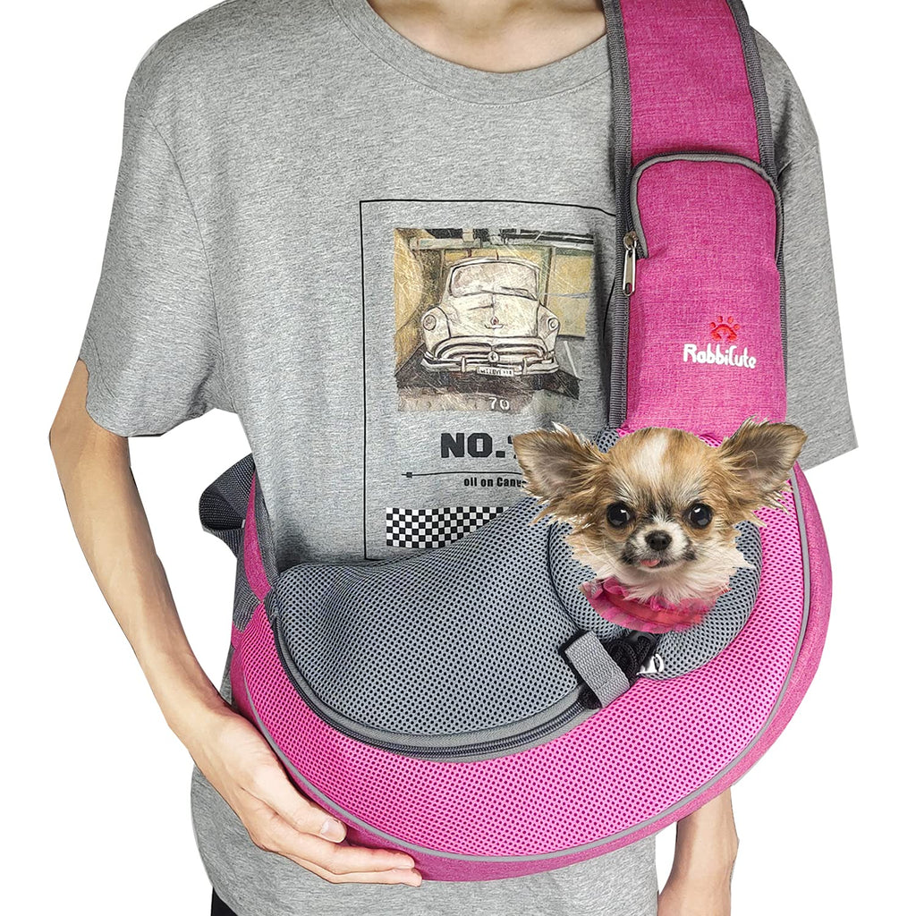 RABBICUTE Pet Dog Sling Carrier with Breathable and Soft Mesh for Small Puppy Dogs Cats Travel Safe Sling Bag Carrier Doggy Backpack with Adjustable Shoulder Strap for Outdoor Travel <5 LBS (Size refer to picture 6) FUCHSIA - PawsPlanet Australia