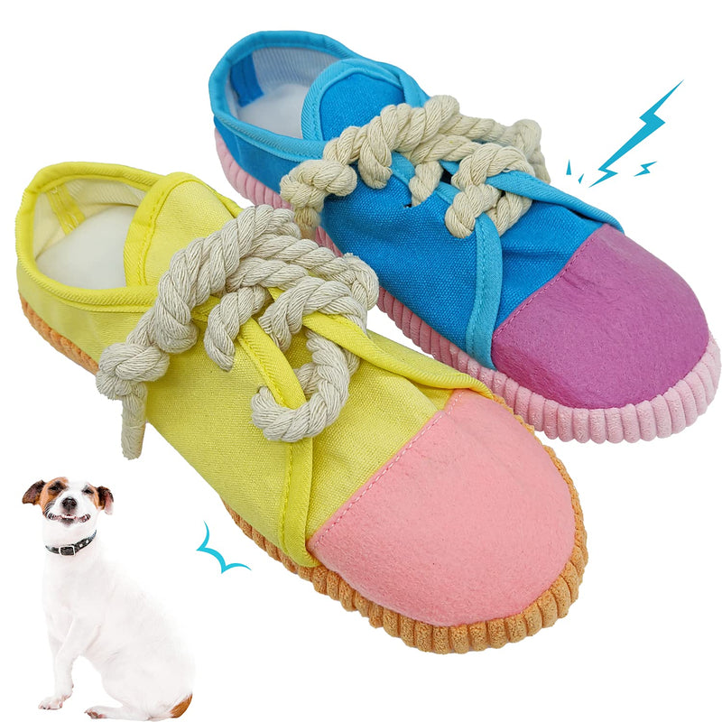 KUDES 2 Pack Dog Chew Toys, Funny Squeaky Toys Shoes Chewing Plush Toy Interactive Puzzle Toys with Rope for Small Medium Dogs Puppies (Blue+Yellow) Blue+Yellow - PawsPlanet Australia