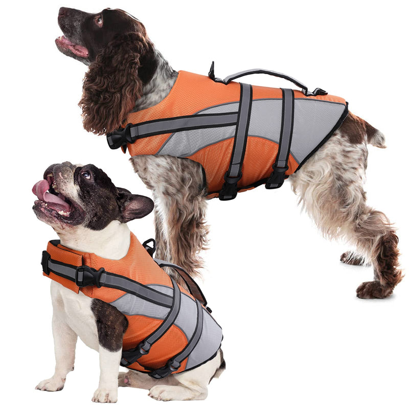 Kuoser High Visibility Dog Life Jacket, Pet Lifesaver Vest Dog Swimsuit for Small Medium Large Dogs, Adjustable Dog Floatation Coat Safety Preserver with Reflective Strips & Rescue Handle X-Small Orange - PawsPlanet Australia