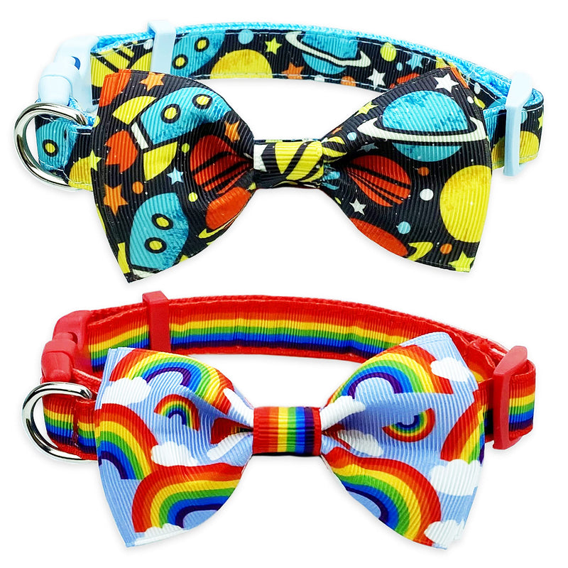 2 Pack Dog Collar with Bow Tie, Spaceship and Rainbow Collar for Small Medium Large Dogs Pets Puppies (Small) Small-(11"-17") Neck * 5/8" Wide - PawsPlanet Australia