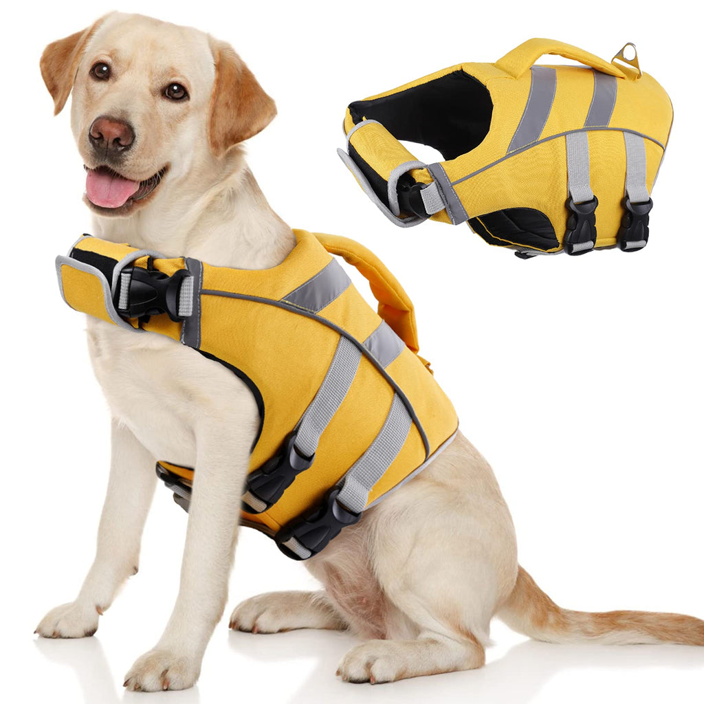 Kuoser Dog Life Jacket with Reflective Stripes, Adjustable High Visibility Dog Life Vest Ripstop Dog Lifesaver Pet Life Preserver with High Flotation Swimsuit for Small Medium and Large Dogs X-Small (Pack of 1) #1 Yellow - PawsPlanet Australia