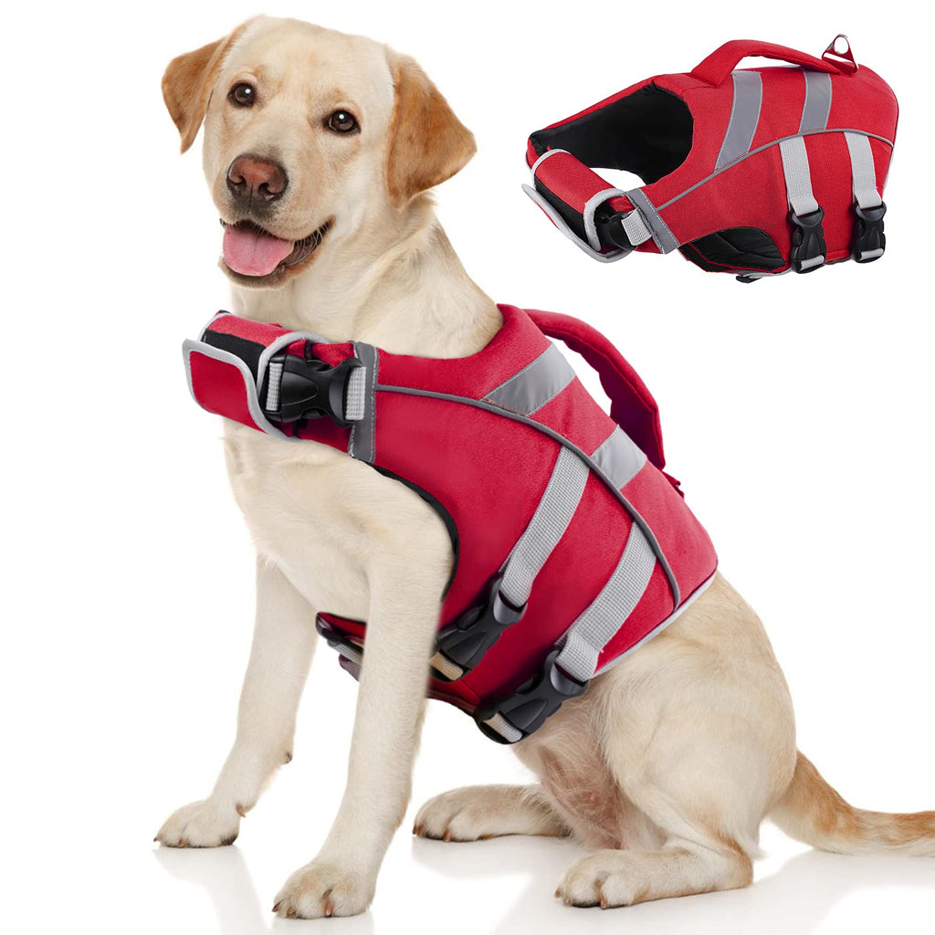 Kuoser Dog Life Jacket with Reflective Stripes, Adjustable High Visibility Dog Life Vest Ripstop Dog Lifesaver Pet Life Preserver with High Flotation Swimsuit for Small Medium and Large Dogs X-Small Red - PawsPlanet Australia
