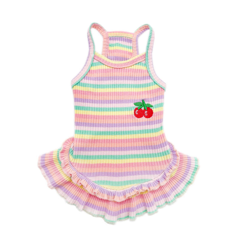 PETPUBGNZS Birthday Dog Dress Girl Rainbow Colorful Striped Cute Cherry Princess Skirt Spring Summer Pet Clothes for Puppy Small Medium Dogs Cats Dresses,S(Chest:10".Back:8") S(Chest:10".Back:8") pink - PawsPlanet Australia