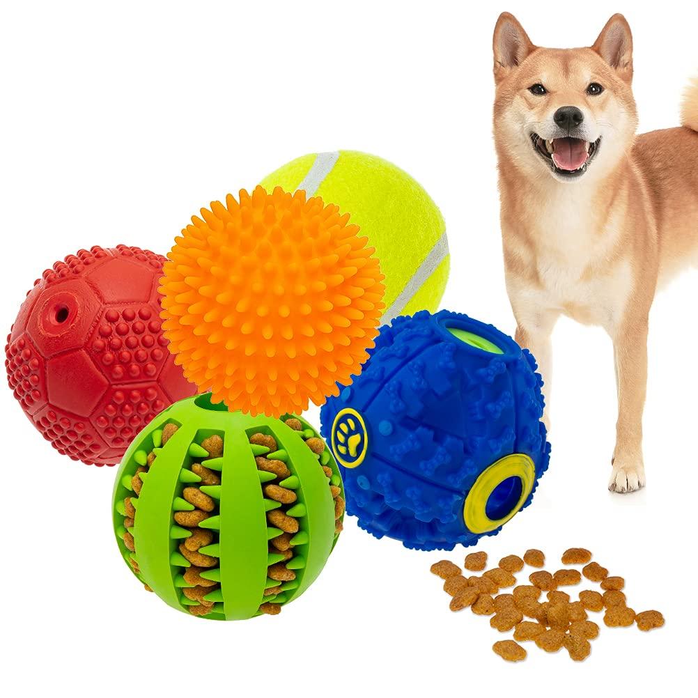 Dog Squeaky Toy Balls Interactive Toys Set - 5 Different Functions Balls - Tennis Ball Food Treat Dispensing Toys Chew Teething Ball IQ Puzzle Fetching Resistant Rubber for Small Medium Large Dogs - PawsPlanet Australia