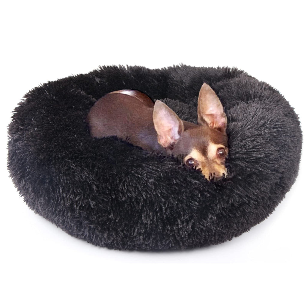 Anxiety Dog Bed and Grey Dog Calming Blanket Set Comfy Donut Cuddler Pet Bed for Orthopedic Relief, Improved Sleeping, Waterproof Bottom S-19" Black - PawsPlanet Australia