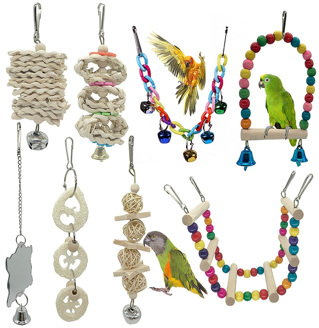 N\C 8 Pack Birds Parrot Toys,Parakeet Toys,Natural Wood Pet Bird Chewing Toys, Hanging Bell Swing Hand Made Climbing Bird Cage Toys,for Small Parrots, Love Birds,Cockatiels,Conures,Macaws,Finches - PawsPlanet Australia