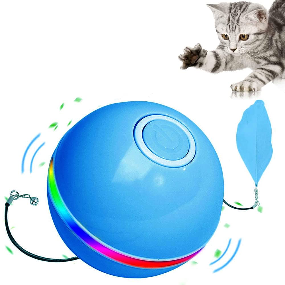 Interactive Cat/Dog Toy Ball Self Rotating Cat Ball with LED Light & Catnip,Ring Bell Feather Toy,Rolling Spinning Smart Pet Toys,USB Rechargeable Ball for Cats/Dog Kitty Funny Chaser(Blue) Blue - PawsPlanet Australia