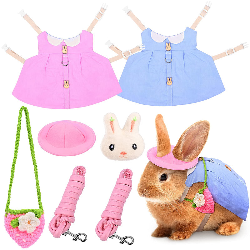 Pet Rabbit Clothes Set, 2 Pieces Cute Bunny Dress Small Animal Rabbit Harness Vest and Leash Adjustable Style for Rabbit Hedgehog Ferret Guinea Pig Piggy Squirrel(Blue, Pink) Blue, Pink - PawsPlanet Australia