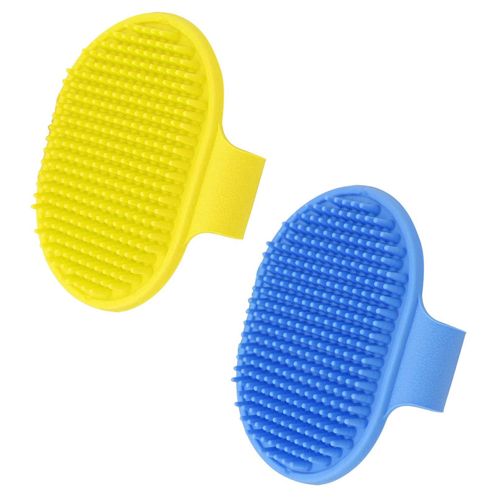 SASFOU 2 Pcs Dog Grooming Brushes, Soothing Massage Rubber Comb with Adjustable Ring Handle Premium Pet Bath Brush for Long Short Haired Dogs and Cats (Blue+Yellow) - PawsPlanet Australia
