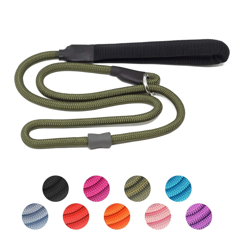Strong Slip Rope Dog Training Leash (4ft) - Heavy Duty Durable Braided Nylon Lead with Rubber Stopper & Padded Handle - No Pull Walking Climbing for Medium Large Dogs Army Green 1/2" x 4ft - PawsPlanet Australia