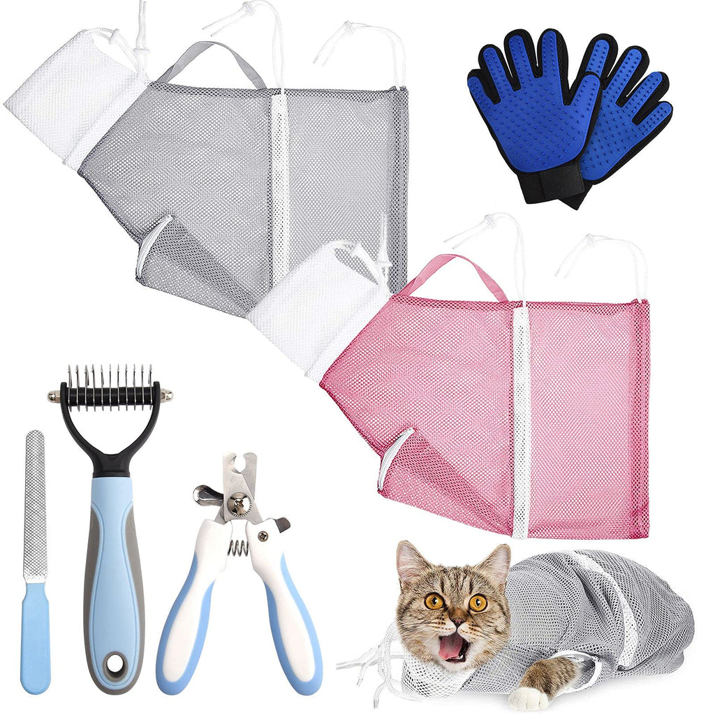 Trosetry Cat Bathing Bag Set, 7 Pack Pet Shower Net Bags with Pet Nail Clippers Dog Grooming Gloves Anti-Bite and Anti-Scratch Restraint Grooming Bag for Dog Cat Cleaning Tools - PawsPlanet Australia