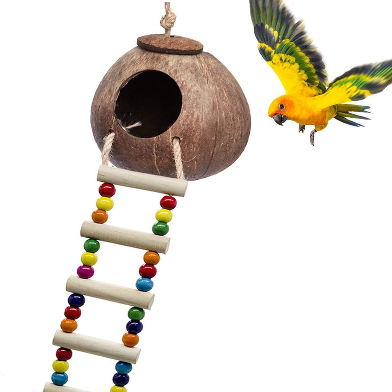 Hovico Coconut Bird Nest with Ladder Bird Toy, Hanging Coconut Shell Bird Nest for Parakeets, Reusable Grass Woven Parakeet Breeding Cave, Handmade Hanging Bird Nest Cage - PawsPlanet Australia