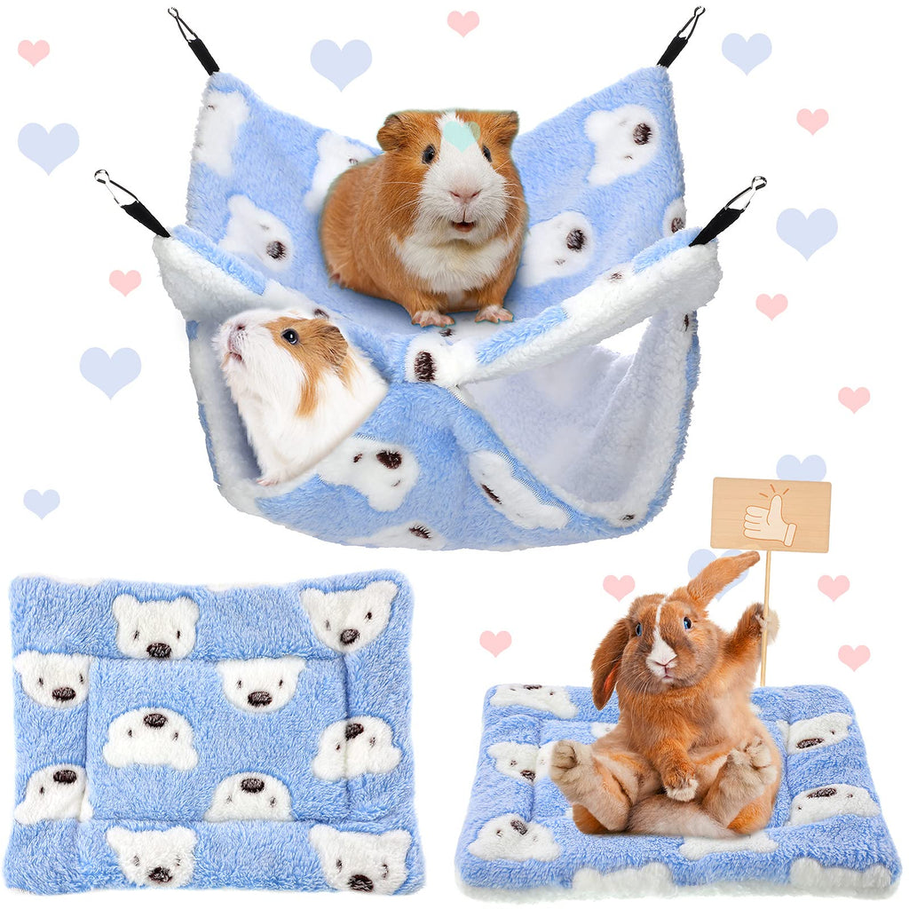 2 Pieces Guinea Pig Hamster Hanging Hammock and Mat Bed Set Soft Mat Bedding Cage Accessories Hideout Tunnel Cave Thicken Fancy Bunkbed Hammock for Rat Ferret Sugar Glider (Blue,Bear Pattern) Blue Bear - PawsPlanet Australia