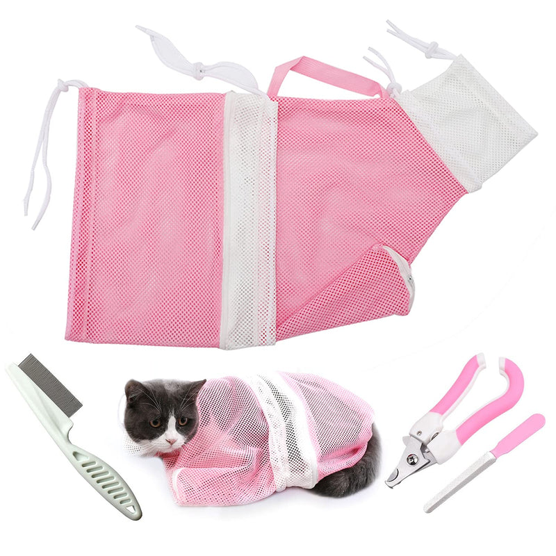 ADOTRY 4 Pieces Cat Bathing Bag Set,Adjustable Breathable Net Bag,Multifunctional Anti-Bite and Anti-Scratch Restraint wash cat Bag with Nail Clippers,Nail Files and Flea Comb - PawsPlanet Australia