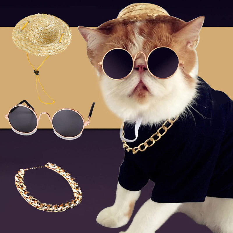 Jifanshi Sunglasses for Cats, 3 Pcs Cat Gold Chain + Cat Sunglasses + Cat Hat, Fashion Cool Pet Sunglasses Adjustable Pet Gold Chain Set for Cats and Small Dogs - PawsPlanet Australia