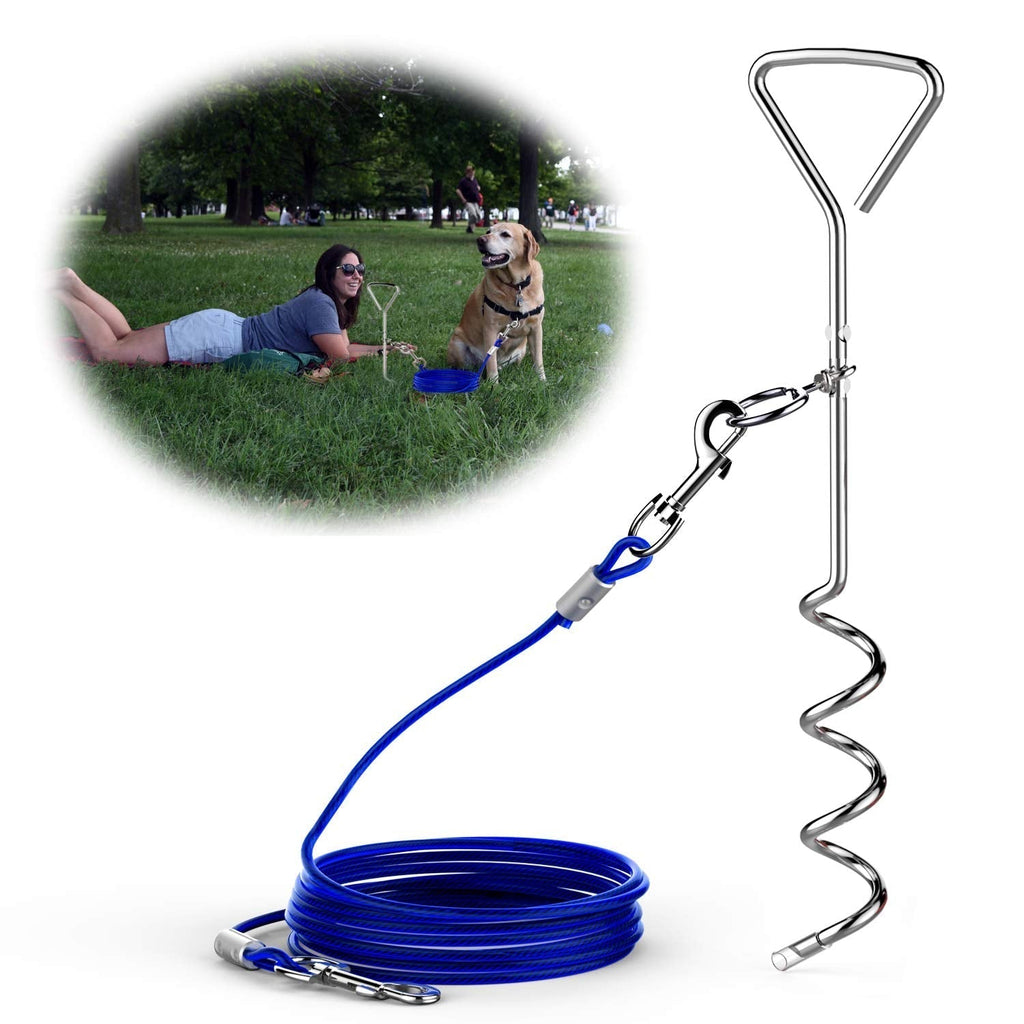 Dog Tie Out Cable and Stake, 16ft Dog Tie Out Cable and 16in Dog Tie Out Stake for Small Medium Large Dogs Up to 130lbs, Upgraded Dog Chains for Outside with Reinforced Metal Snaps Blue - PawsPlanet Australia
