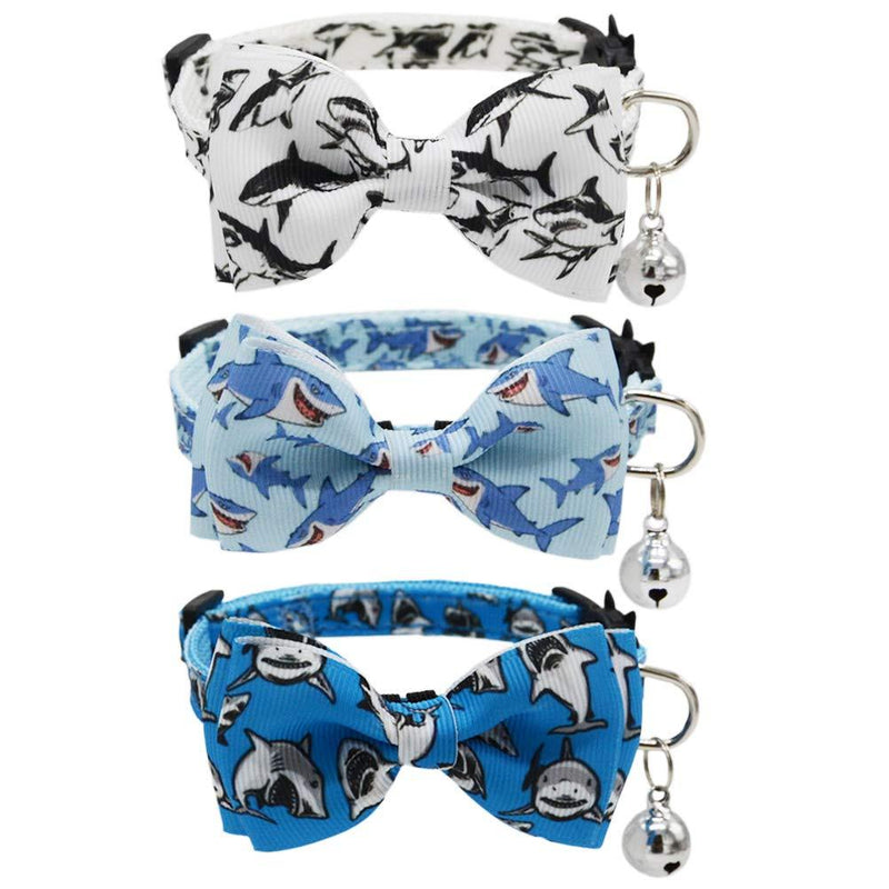 3 Pack Cat Collar Breakaway with Removable Cute Bow Tie and Bell Adjustable Safety Buckle Shark Print White Light Blue and Blue - PawsPlanet Australia